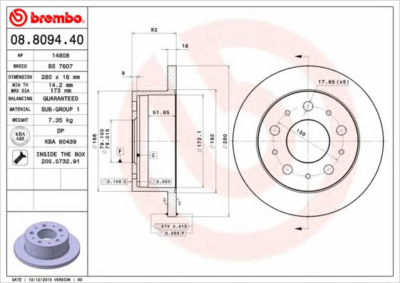Rear solid brake disc Brembo 08.8094.40
