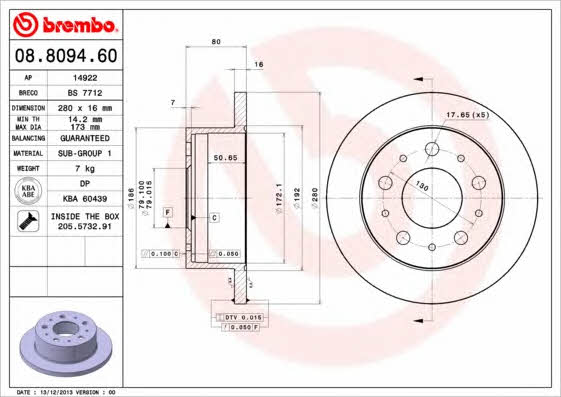 Rear solid brake disc Brembo 08.8094.60