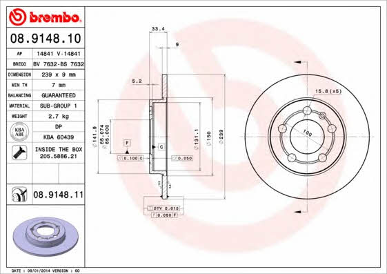 Brembo 08.9148.10 Rear brake disc, non-ventilated 08914810
