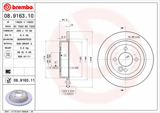 Rear solid brake disc Brembo 08.9163.11