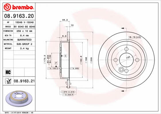 Brembo 08.9163.20 Rear brake disc, non-ventilated 08916320