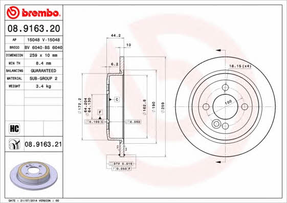 Rear solid brake disc Brembo 08.9163.21
