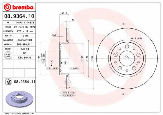 Rear solid brake disc Brembo 08.9364.11