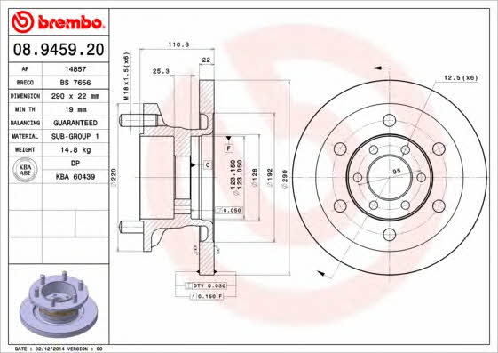 Unventilated front brake disc Brembo 08.9459.20