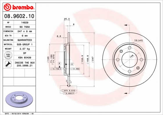 Rear brake disc, non-ventilated Brembo 08.9602.10