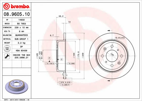 Rear brake disc, non-ventilated Brembo 08.9605.10