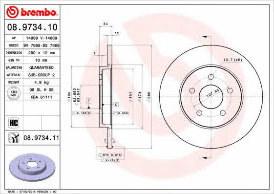Rear solid brake disc Brembo 08.9734.11