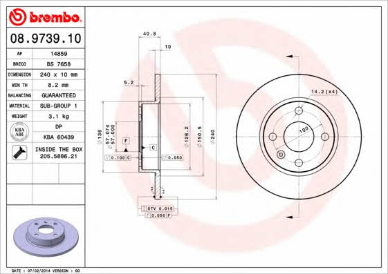 Rear solid brake disc Brembo 08.9739.10