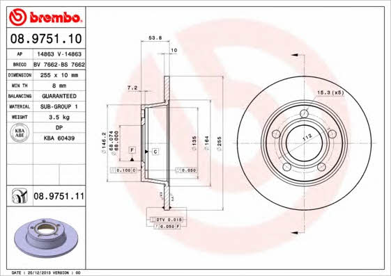 Rear solid brake disc Brembo 08.9751.11