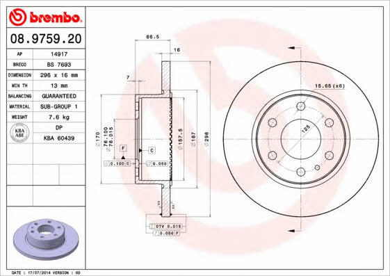Rear solid brake disc Brembo 08.9759.20