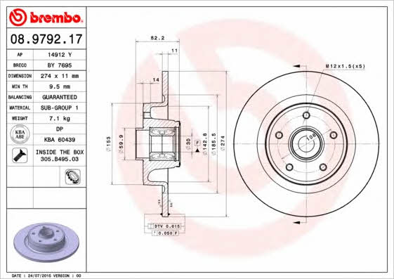 Rear solid brake disc Brembo 08.9792.17