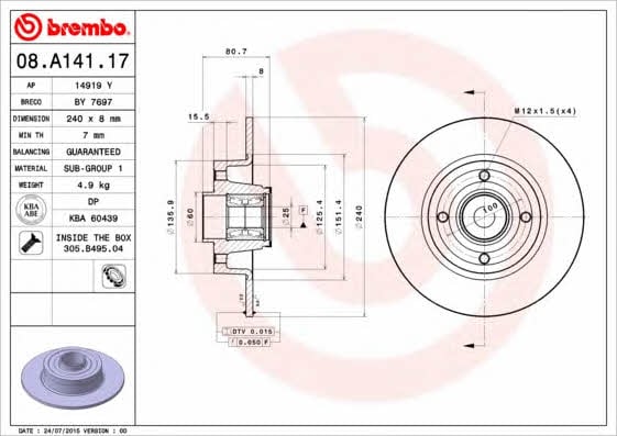 Rear solid brake disc Brembo 08.A141.17