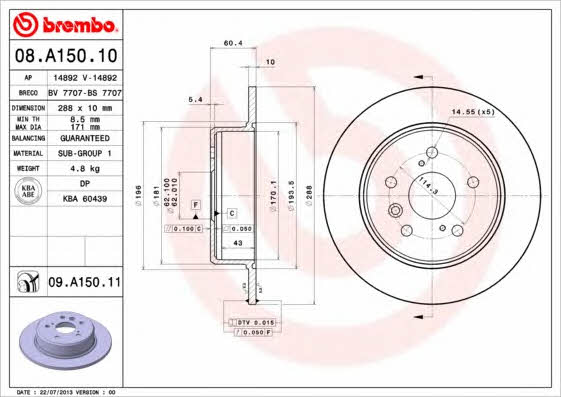 Brembo 08.A150.10 Rear brake disc, non-ventilated 08A15010