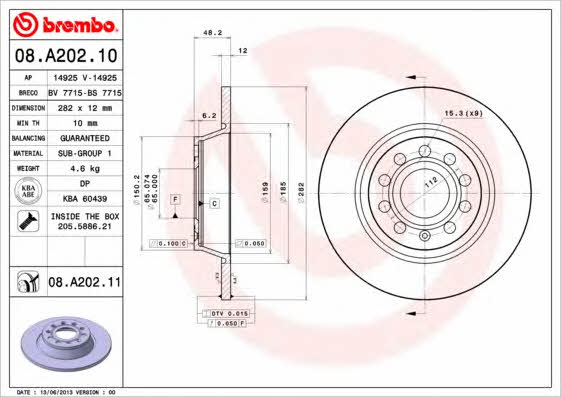 Rear brake disc, non-ventilated Brembo 08.A202.10