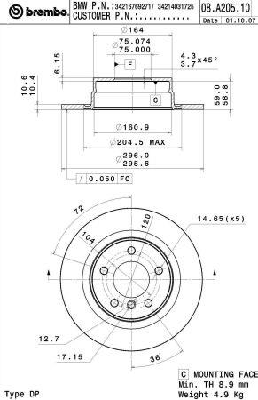 Rear solid brake disc Brembo 08.A205.11