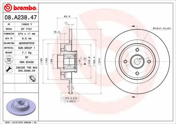 Rear solid brake disc Brembo 08.A238.47