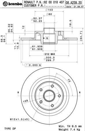 Brembo 08.A239.17 Rear brake disc, non-ventilated 08A23917