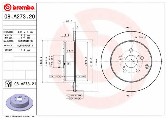 Brembo 08.A273.20 Rear brake disc, non-ventilated 08A27320