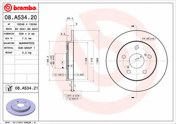 Brembo 08.A534.20 Rear brake disc, non-ventilated 08A53420