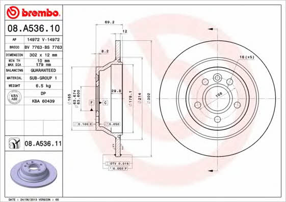 Brembo 08.A536.10 Rear brake disc, non-ventilated 08A53610
