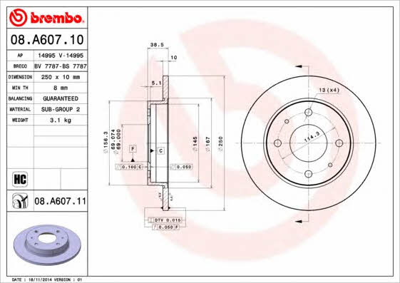 Rear brake disc, non-ventilated Brembo 08.A607.10