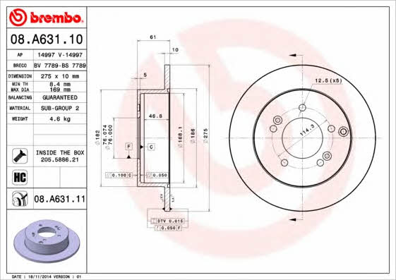 Brembo 08.A631.10 Rear brake disc, non-ventilated 08A63110