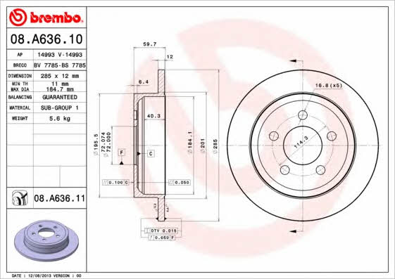 Rear solid brake disc Brembo 08.A636.11