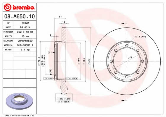 Rear solid brake disc Brembo 08.A650.10