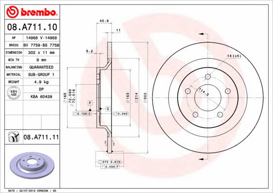 Rear solid brake disc Brembo 08.A711.11