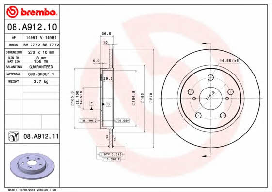 Rear solid brake disc Brembo 08.A912.11