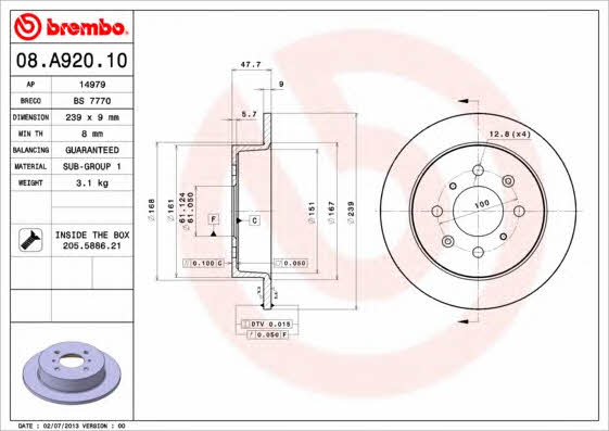 Rear solid brake disc Brembo 08.A920.10