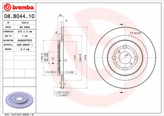 Rear brake disc, non-ventilated Brembo 08.B044.10