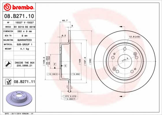 Brembo 08.B271.10 Rear brake disc, non-ventilated 08B27110