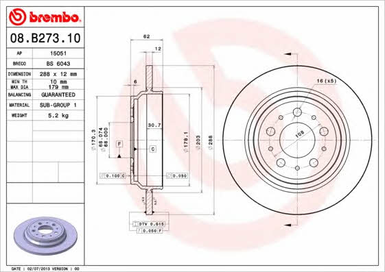 Rear solid brake disc Brembo 08.B273.10