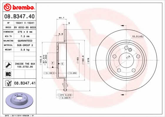 Brembo 08.B347.40 Rear brake disc, non-ventilated 08B34740