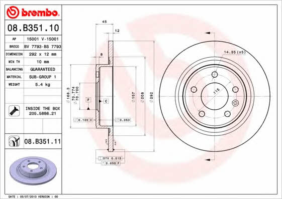Rear brake disc, non-ventilated Brembo 08.B351.10
