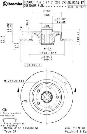 Rear solid brake disc Brembo 08.B394.17