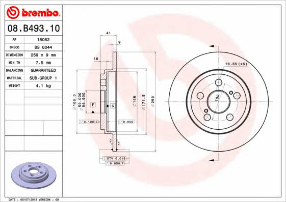 Rear brake disc, non-ventilated Brembo 08.B493.10