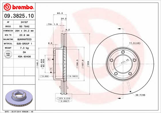 Ventilated disc brake, 1 pcs. Brembo 09.3825.10