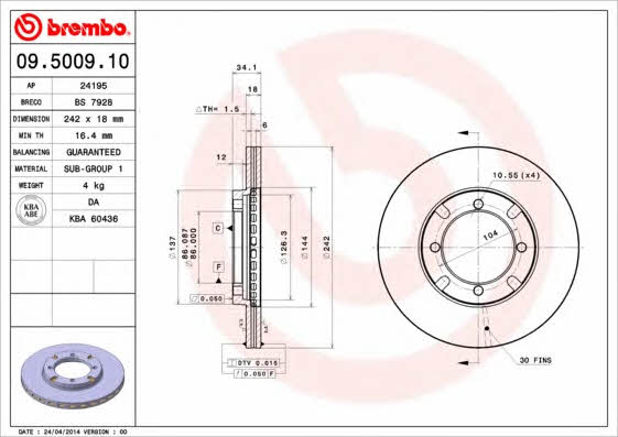 Ventilated disc brake, 1 pcs. Brembo 09.5009.10