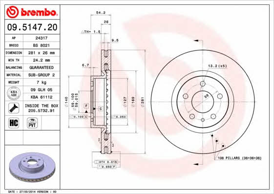 Ventilated disc brake, 1 pcs. Brembo 09.5147.20