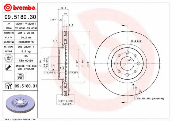 Ventilated disc brake, 1 pcs. Brembo 09.5180.30