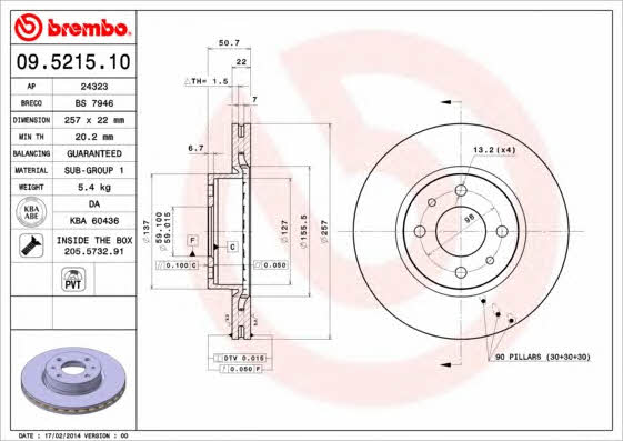 Ventilated disc brake, 1 pcs. Brembo 09.5215.10