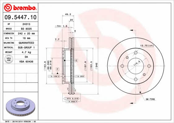 Ventilated disc brake, 1 pcs. Brembo 09.5447.10