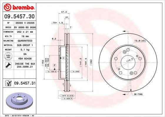 Ventilated disc brake, 1 pcs. Brembo 09.5457.30