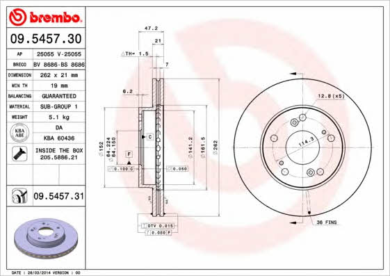 Vented brake disc, 1 pc Brembo 09.5457.31