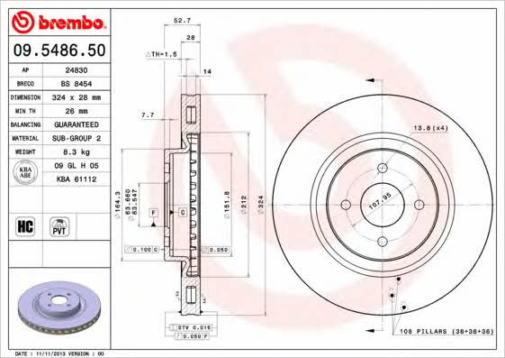 Ventilated disc brake, 1 pcs. Brembo 09.5486.50