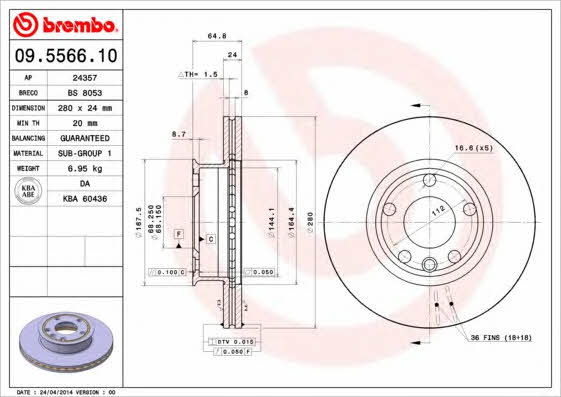 Vented brake disc, 1 pc Brembo 09.5566.10