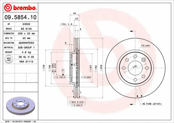 Front brake disc ventilated Brembo 09.5854.10