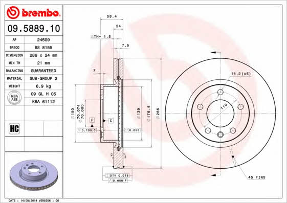 Ventilated disc brake, 1 pcs. Brembo 09.5889.10